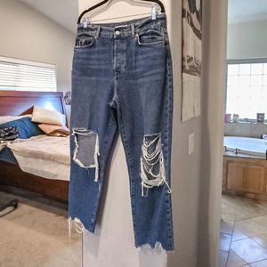 F21 Button Fly Distressed Dark Wash High Waisted Mom Jeans US Size 30